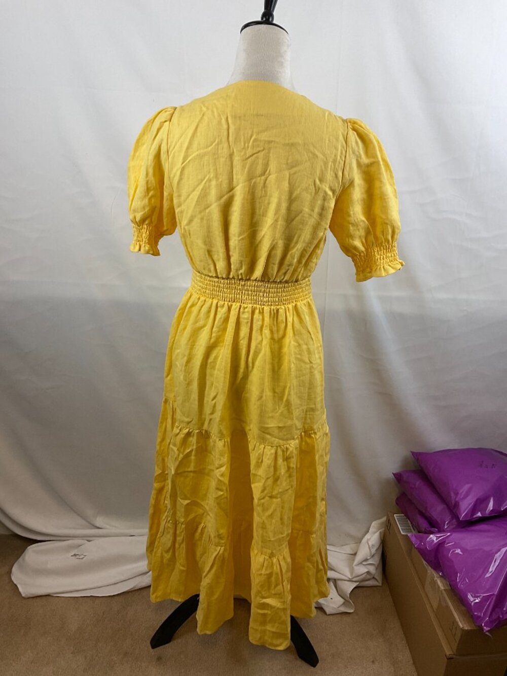 Boden Anne Linen Tiered Midi Dress US 4R Yellow Short Puff Sleeve V-Neck - Picture 6 of 10